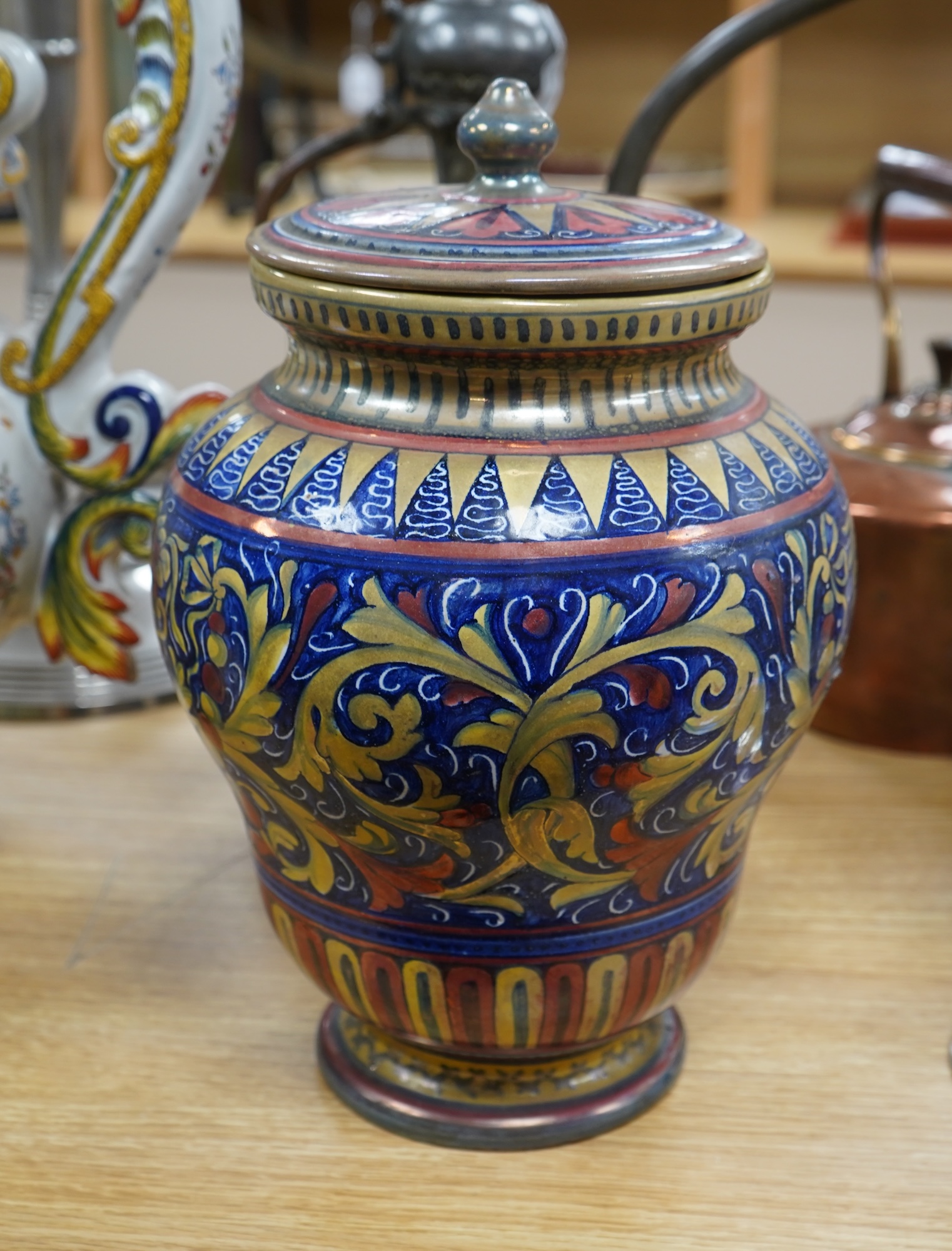 An Italian tin glazed pottery jar and cover, 30cm